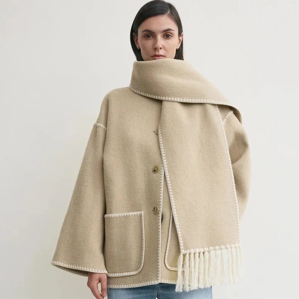NWOT Cashmere Tan Scarf with Embroidery Detail and Fringe